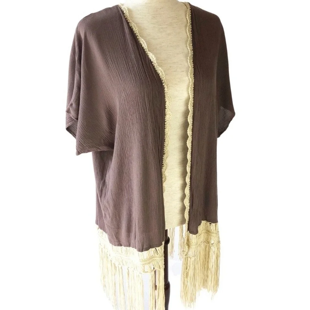 Umgee USA Brown Crochet Lace Back Fringe Kimono Cardigan Bohemian Size S/M A1623
